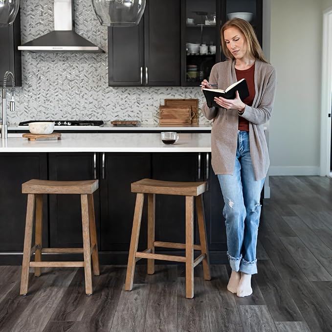 Maven Lane Kitchen Bar Stool, Modern Farmhouse Wood Counter Barstool, Kitchen Island Stool, Counter Height Stools for Kitchen, Wide Seat Backless Bar Stools, Vincent 26" (Antiqued Natural), Set of 4