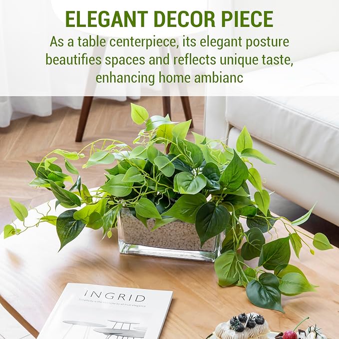 MyGift Artificial Pothos Plants Indoor, Fake Green Leaves Potted in 8 Inch Clear Glass Planter Box with White Pebbles, Faux Greenery Vines Table Centerpiece Home Decor