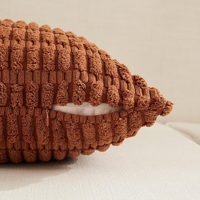 Fancy Homi 4 Packs Rust Small Decorative Throw Pillow Covers 14x14 Inch for Living Room Couch Bed Sofa, Rustic Farmhouse Boho Home Decor, Soft Plush Striped Corduroy Terracotta Cushion Case 35x35 cm