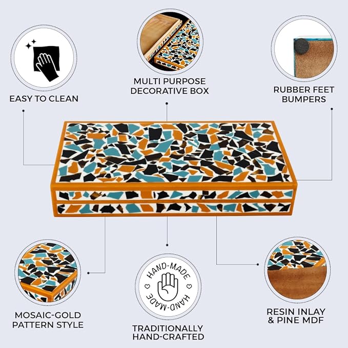 Handicrafts Home Handmade Mosaic Collection Decorative Jewelry Box Organizer – Keepsakes, Trinkets, and Home Decor – Antique Coffee Table Storage, Memory Box, Farmhouse Style Decor Gold, 12x6x2