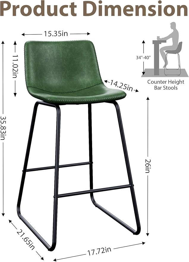 Bar Stools Set of 2, 26 Inches Counter Height Bar Stools with Back, Modern Faux Leather Barstools with Metal Legs and Footrest, Bar Chairs for Kitchens Island (Green)