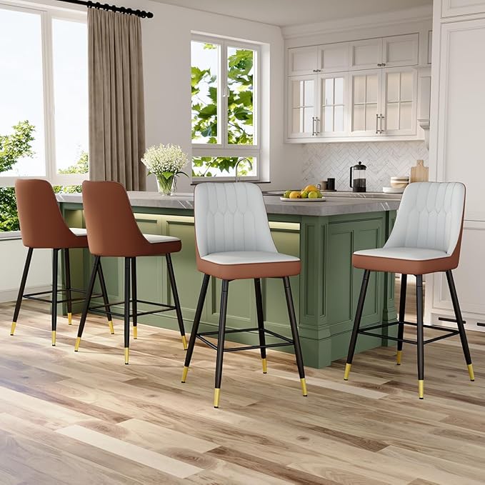 27" Bar Stools Set of 4 - Grey Counter Height Bar Stools Set of 4,Faux Leather Kitchen Island Stools with Sturdy Chrome Metal Leg,Counter Height Stools with Backs,Easy to Assemble