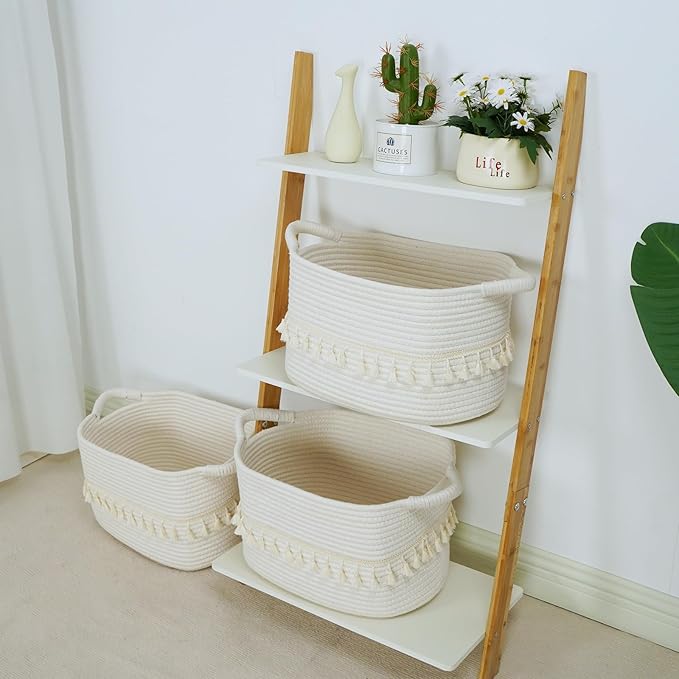 TeoKJ White Cotton Rope Baskets for Storage, Set of 3 Woven Clothes Basket for Organizing and Storage, Blanket Basket for Living Room Laundry Bathroom Shelves