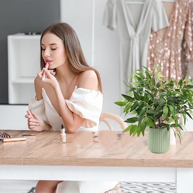 Small Fake Plants 16 Inch Eucalyptus Stems Artificial Plant in Offwhite Leather Woven Planter with Polished River Rocks Evergreen Faux Plant indoor for Home Bathroom Kitchen Decor (WILLOW-GREY)