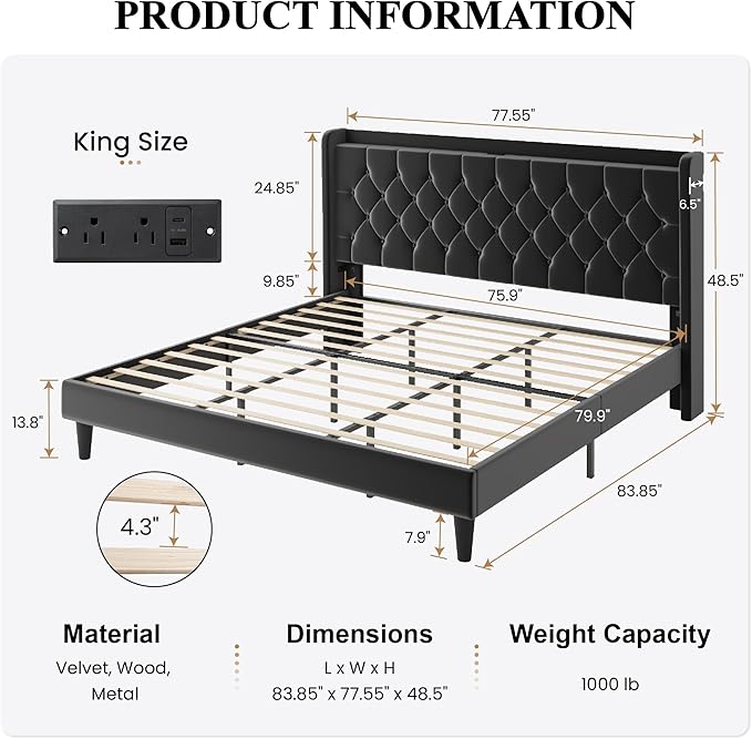 SHA CERLIN King Size Platform Bed Frame with Charging Station, Velvet Wingback Headboard with Storage Shelf, Wooden Slats Support, Ample Under-Bed Space, No Box Spring Needed, Easy Assembly, Black