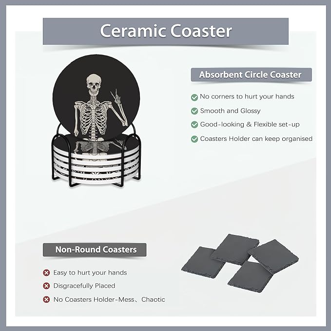 Drink Coasters Set of 6 with Holder,Human Skeleton Posing Skull Head Absorbent Ceramic Coasters with Cork Base,Fit All Cups,Tabletop Protection Mat for Mugs and Cups,Office,Kitchen
