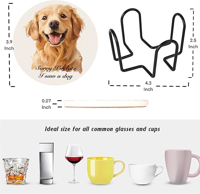 Absorbent Coasters Set of 6 with Holder - Cute Puppy Design Ceramic Coasters for Drinks, Home Decor & Coffee Bar Decor, Gifts for Dog Lovers Pet Owners Housewarming