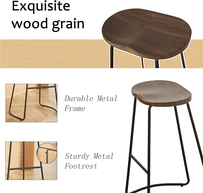 HeuGah Bar Stools Set of 3, Bar Height Saddle Seat Bar Stools, 30" Backless Wooden Barstool for Kitchen Island (Brown, 3 PCS 30Inch Barstool)