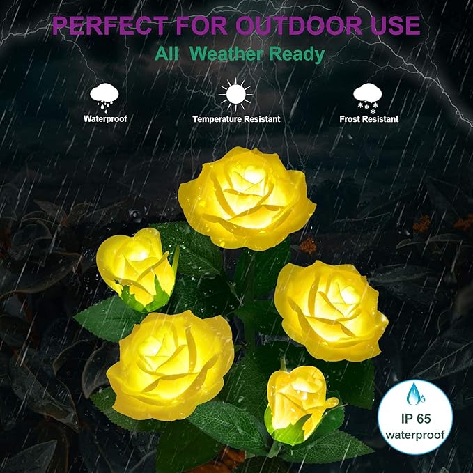 Solar Flower Lights Outdoor - Upgraded New Material Two Modes Realistic LED Solar Powered Waterproof with 5 Roses, Solar Decorative Stake Lights for Garden (Yellow, 1 Pack)