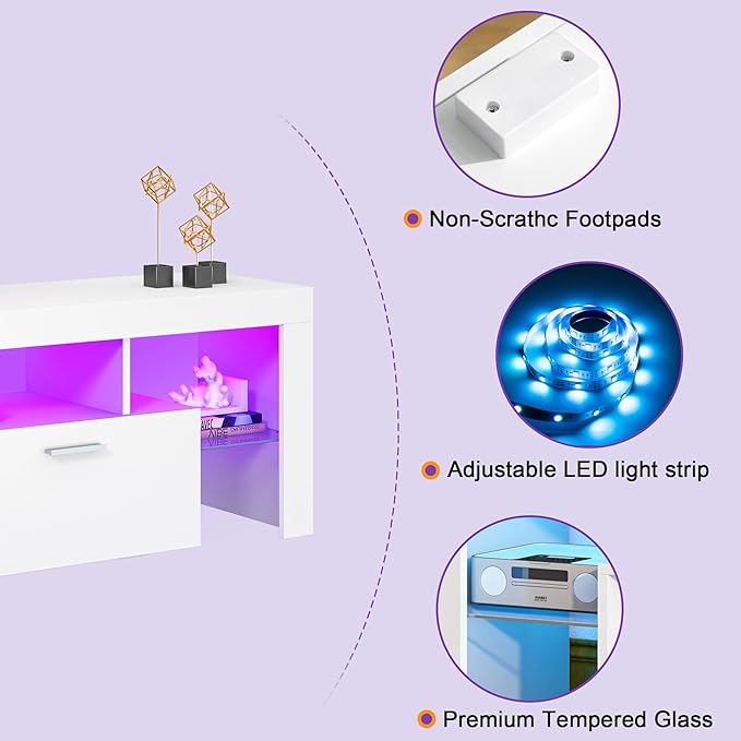 Clikuutory Modern Lighting 63 inch TV Stand with Large Storage Drawer for 50 55 60 65 70 75 Inch TVs, TV Console with 20 Color LED Lights, Entertainment Center Media and Open Shelf for Bedroom, White