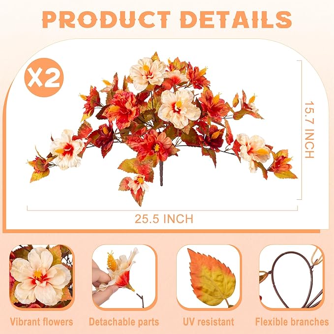 Fake Fall Flowers Artificial for Outdoors Decoration 2PCS Faux Orange Flowers for Outdoor Planters Outside Hibiscus Flower Fall Décor for Home Front Porch Yard Patio