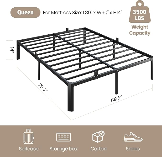 Metal Bed Frame Queen Size, 14 Inch 3500 lbs Heavy Duty Platform Bed FramesSteel Slats Noise Free No Box Spring Needed, Easy Assemble Sturdy Bedframe with Storage and Mattress Retainers