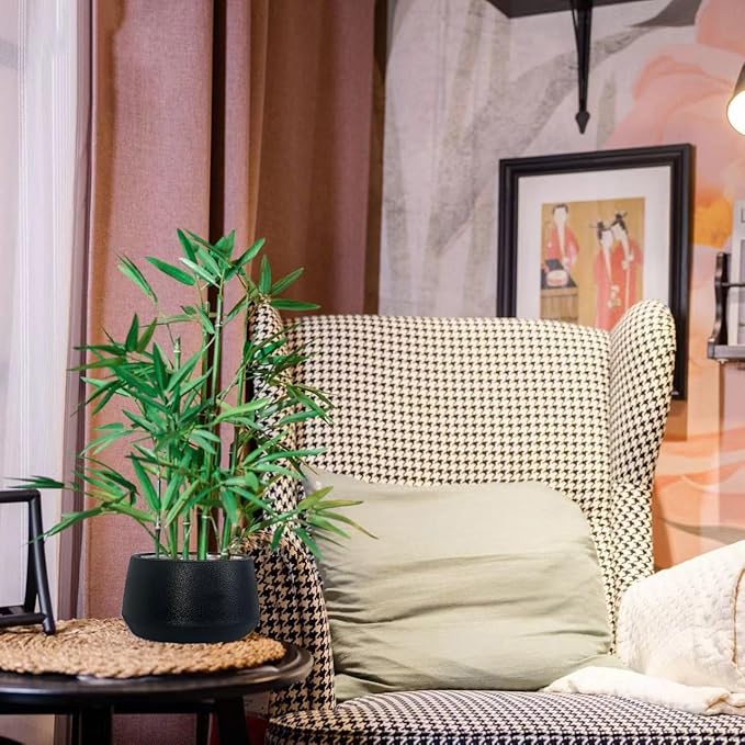 365 Blooming Decor 18-inch Tall Potted Faux Bamboo Plant (Black Pot) - Luxury Artificial Bamboo in Black Textures Pot for Home, Office, Kitchen, Counter Top, Indoor Decor, Money Tree, Lucky Tree