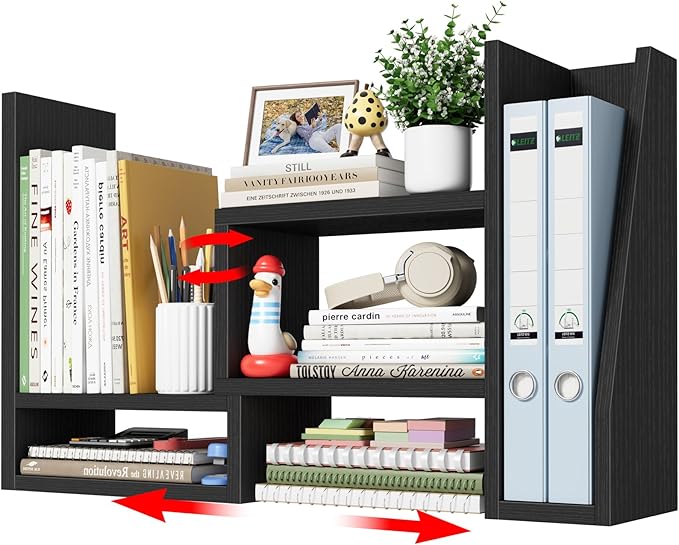 Desktop File Organizer Desk Organizer Shelf - Black Office Organization Shelves for Top of Desk Organizers and Accessories Corner Bookshelf Table Top Shelving Small Hutch Decorations for Women Office