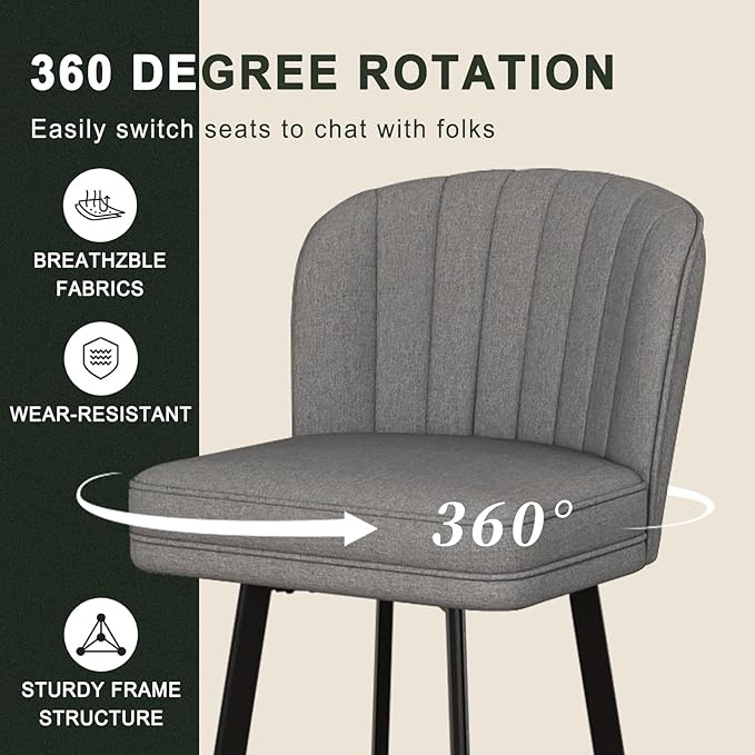 Swivel Counter Height Bar Stools Set of 3, 26'' Modern Barstools with Backs and Metal Legs, Upholstered Bar Chairs,Mid-Gray,Fabric Stools for Kitchen Island Chairs