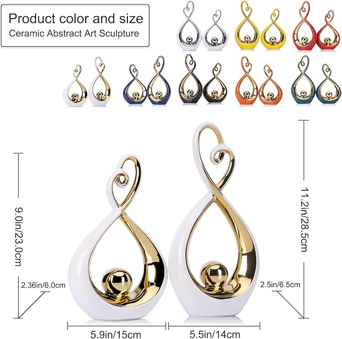 White Decor Accent, Porcelain Art Mid Century Modern White and Gold Decorations, Dining Table Objects, Abstract Ceramic Statue Sculpture - for Bookshelf Tv Stand Centerpiece Centro De Mesa