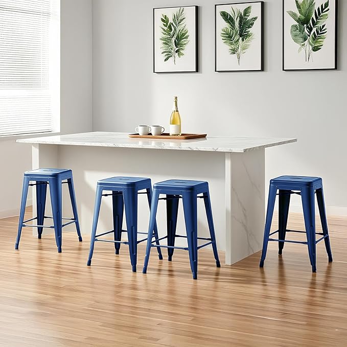 Sweetcrispy 24 Inches Metal Bar Stools Set of 8, Backless Counter Height Bar Stools for Kitchen, Outdoor Stackable Stools – No Assembly Required & Scratch-Resistant, Blue
