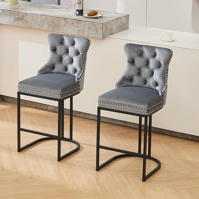 UVV Counter Height Bar Stools Set of 2, 26" Modern Barstools with Back, Velvet Upholstery Counter Chairs with Metal Legs for Kitchen Island, Bar, Counter, Gray