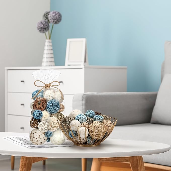 Riceshoot 2 Pack Decorative Balls Potpourri Bowl Filler Decor Natural Vase Bowl Filler Assorted Spherical Rattan Twigs Wicker Balls Cotton for Home Centerpiece(Blue)