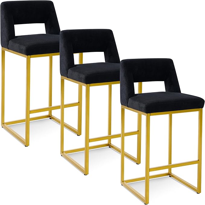 Black and Gold Counter Height Bar Stools Set of 3 for Kitchen Counter Modern Bar Chairs with Backs for Kitchen Island with Upholstered Fabric Seat and Metal Frame, 26 Inch