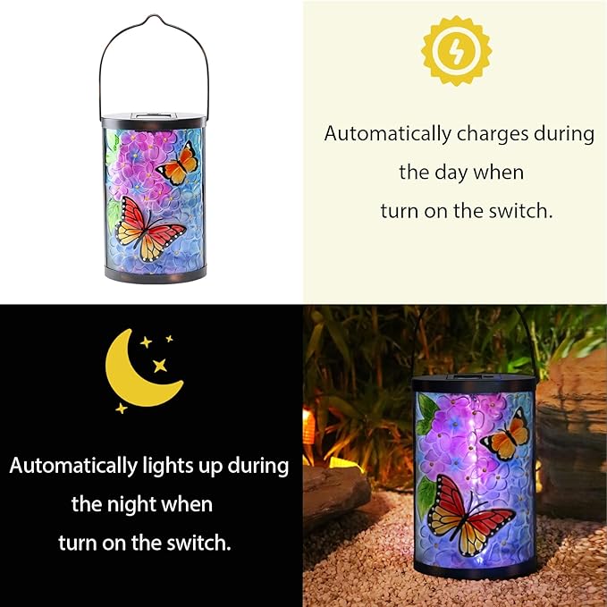 Afirst Solar Lantern Outdoor Hanging Glass Butterfly Solar Lights Waterproof Led Lamp for Garden Yard Tree Desk Decor