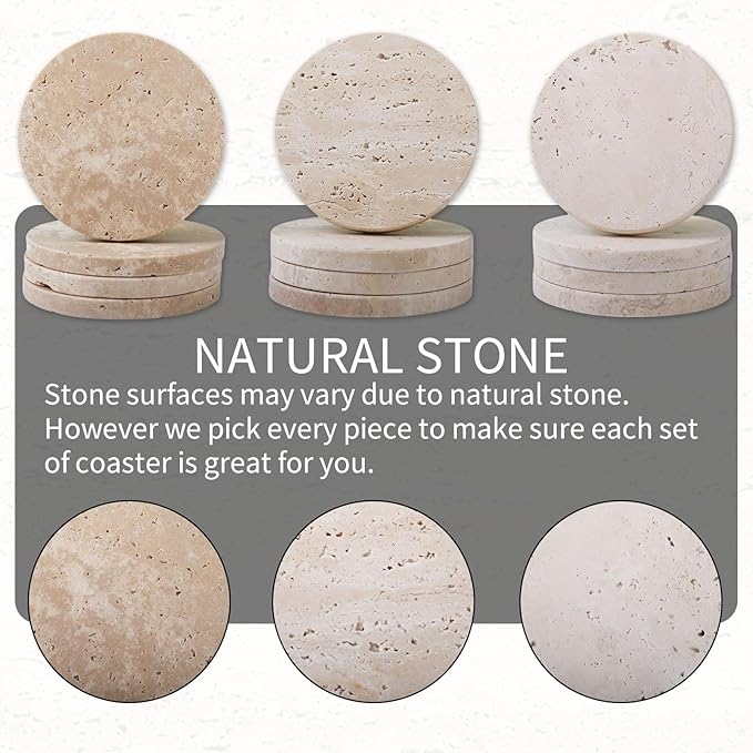 CASACOUTURE-Travertine-Stone-Coasters Set of 4-Round -4" Diameter Drink Coasters for Housewarming Gift, Desktop Protection Suitable for Various Cups - Sturdy and Durable Aesthetics