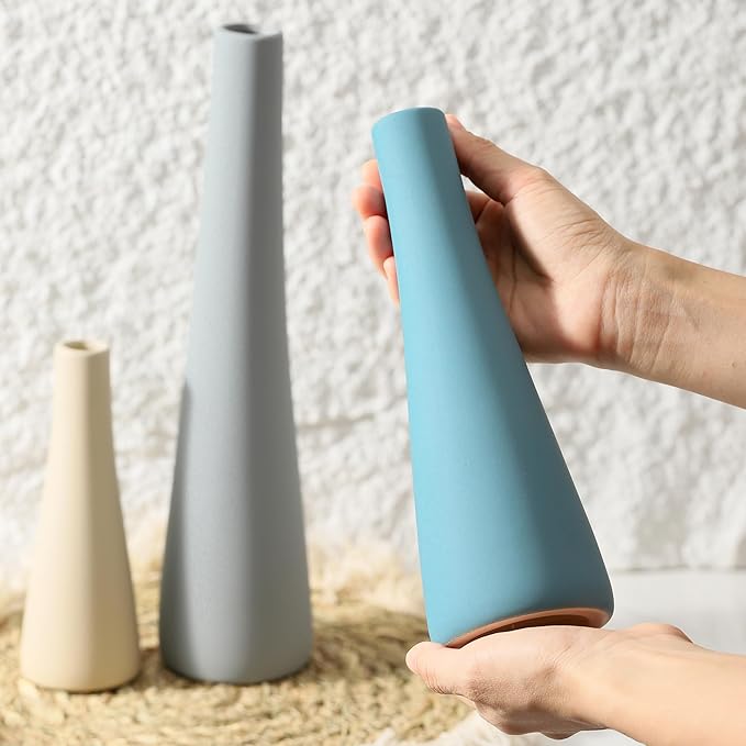 Ceramic Vase Set of 3, Modern Farmhouse Vases Neutral Pottery Vase Pampas Grass Flower Vases for Home Decoration Room Decor Table Living Room Centerpieces Mantel Decor - Blue