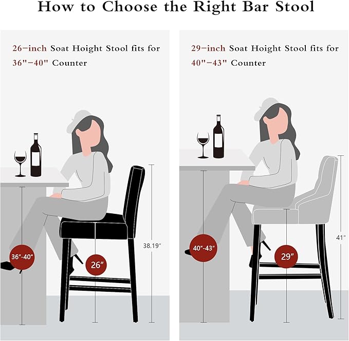 26'' Faux Leather Bar Stools Set of 4, Modern Upholstered Bar Height Bar Chairs, Soild Wood Legs Barstools with Back, Black