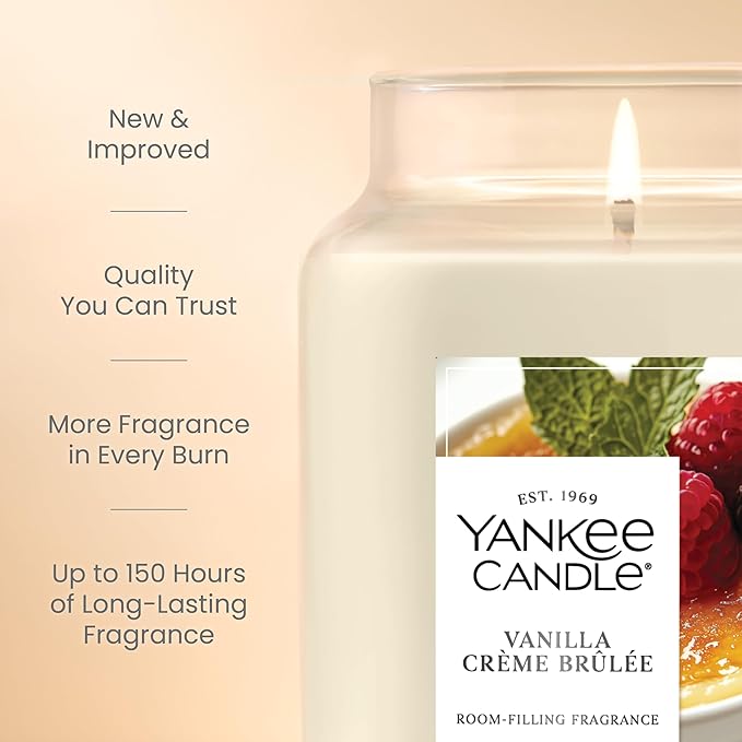 Yankee Candle Large Jar Scented Candle with up to 150 Hour Burn Time, Premium Plant Wax Blend for Consistent Burn, 22 oz Jar Candle with Room Filling Fragrance, Vanilla Crème Brûlée