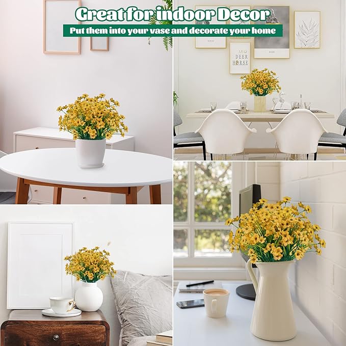 Lnoicy 24 Pcs Artificial Flowers for Outdoor,Plastic Flowers Decoration, UV Resistant Faux Flowers Shrubs, Artificial Plants for Indoor Outside Garden Home Wedding Farmhouse(Yellow)