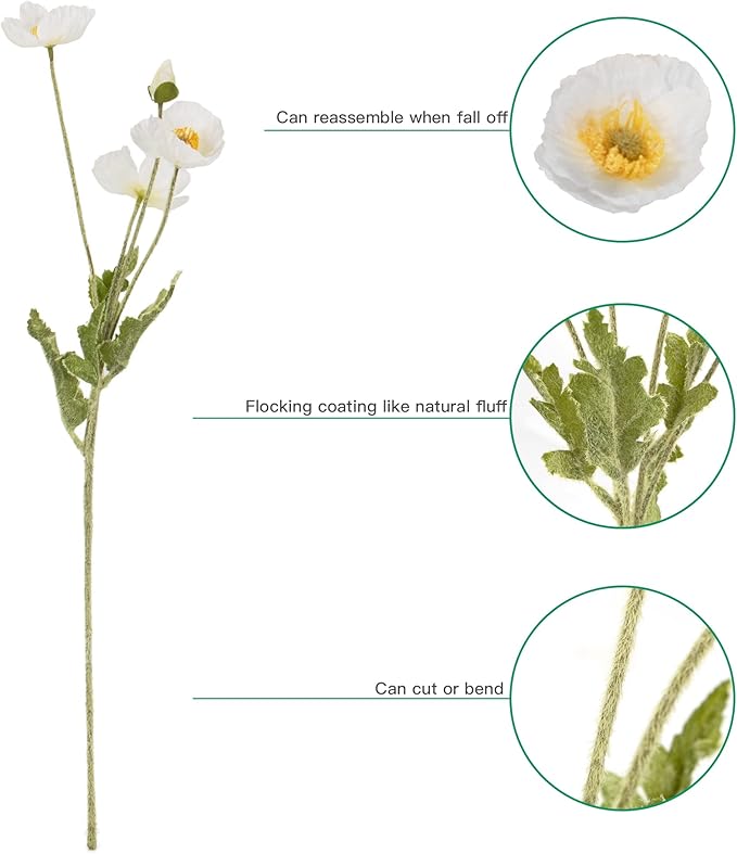 Artificial Poppy Flowers, 5 Bundles Faux Poppies with Stems for Floral Arrangements - Wedding, Home, Office, Party Table Centerpiece Decor (White)