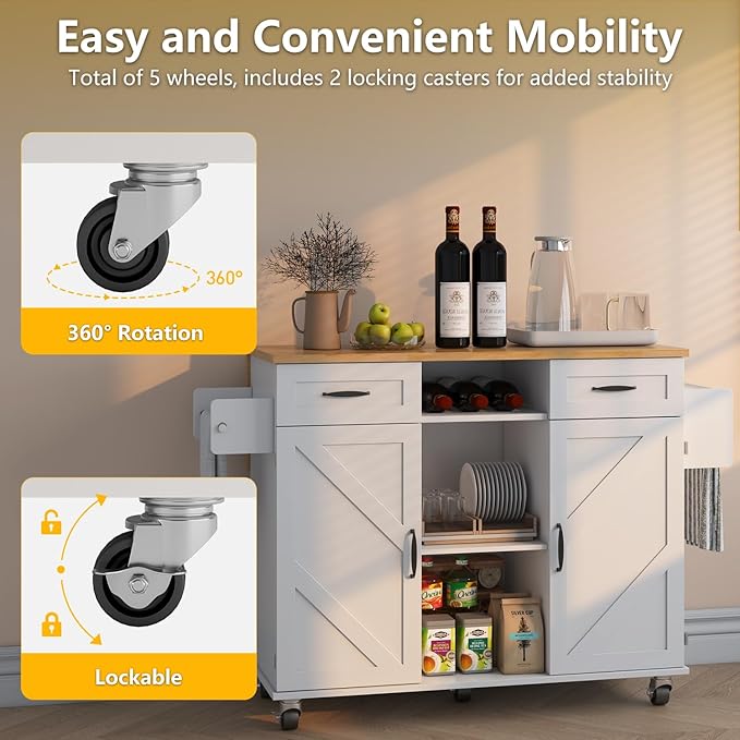 51.5'' Rolling Kitchen Island with Storage Cabinet & Drawers, Drop Leaf Kitchen Cart on Wheels, Farmhouse Portable Mobile Islands, Large Butcher Block Table with Tower/Spice Rack, White