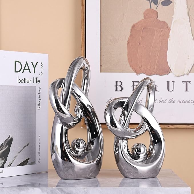 Silver Modern Abstract Art Home Decor Accent,Statues Coffee Table Decor for Living Room,Table Centerpieces for Dining Room,Ceramic Sculptures and Silver Knick Knacks for TV Stand Decor