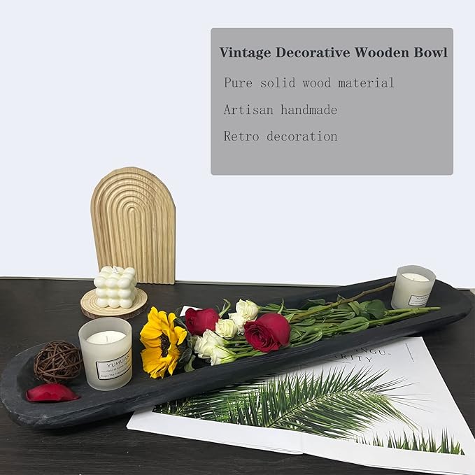 Wooden Dough Bowl Decor, Vintage Wooden Bowl Hand Carved Home Decor for Dining Table Center, Living Room, Kitchen Decor. (30inch black)