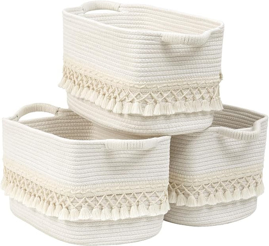 3 Pack Storage Basket for Shelves, Boho Cotton Rope Storage Bins with Heavy Tassel, Shelf Baskets Large Woven Baskets for Organizing, Cube Organizer Bins, Baby Laundry Basket for Clothes, Toys, Pets