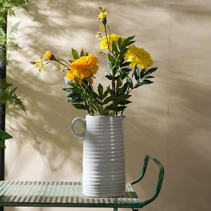 White Ceramic Vase with Small Handle, Modern Farmhouse Pitcher, Milk Jug for Home Decor, Rustic Textured Pottery, Glazed Decorative Centerpiece