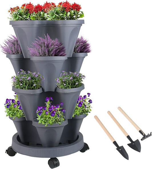 Vertical Planter 4 Tier Stackable Planters Garden Planters Strawberry Herb Flower and Vegetable Planter Indoor Outdoor Gardening Pots with Removable Wheels and Tools