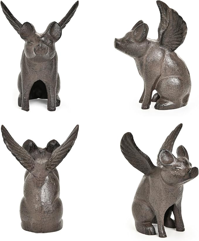 Sungmor Cast Iron Flying Pig Statue, Whimsical Sitting Pig Garden Decorative Statue, Rustic Black Brown Home Office Desk Paperweight Doorstop, Cute Collectible Figurine Bookshelf Ornament