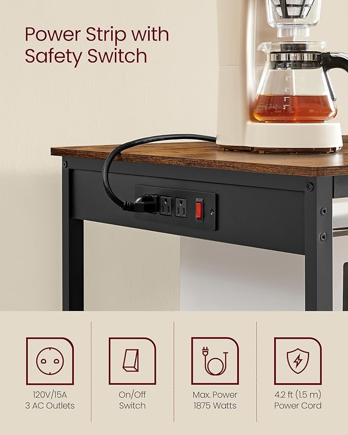 VASAGLE Kitchen Island with 3 Shelves, 39.4 Inches Width Kitchen Shelf with Power Strip, Large Worktop, Stable Steel Structure, Industrial, Easy to Assemble, Rustic Brown and Black UKKI105K01