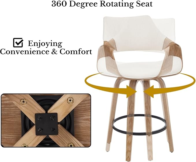 26 Inch Modern Barrel Swivel Counter Stools Counter Height Swivel Bar Stools with Backs Set of 6, Cream Linen Upholstered Bar Height Island Chairs, Farmhouse Solid Wood Barstools for Kitchen Island