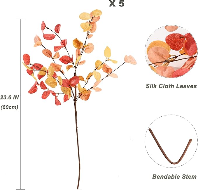 5 Bunches Artificial Fall Eucalyptus Stems Leaves, 24" Autumn Faux Eucalyptus Plant Fake Silk Foliage Artificial Flowers for Autumn Decorations, Floral Arrangement,Thanksgiving Halloween Décor