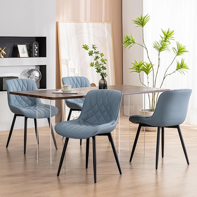 YOUNUOKE Dining Chairs Set of 2 Mid Century Modern Kitchen Chair Comfortable Upholstered Faux Leather Dinner Chairs for Kitchen Dining Room, Blue