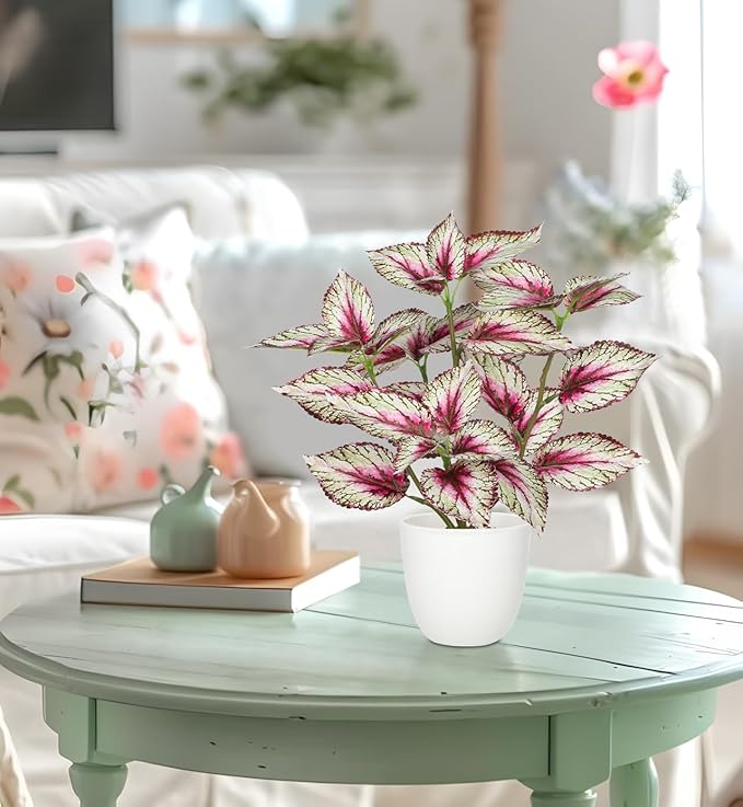 Artificial Plants Indoor 14.2" Small Fake Perilla Plant in Pot Potted Plants Artificial Decor Faux House Plant with White Pot for Farmhouse Home Office Bathroom Living Room Table Shelf Decor