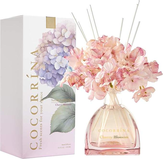 COCORRÍNA Reed Diffuser - 8.5 Oz Cherry Blossom Reed Diffuser with 8 Sticks for Home Bathroom Shelf Decor (Simple Luxe Collection)
