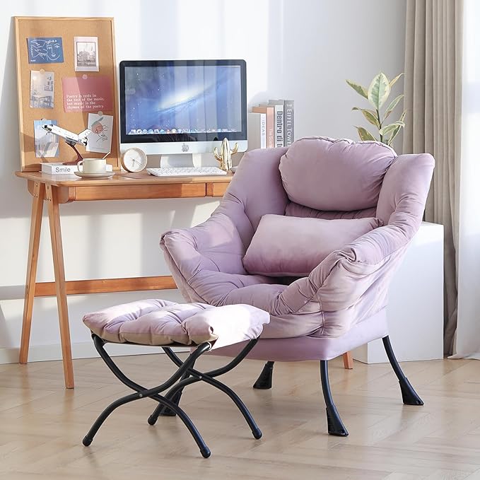 Lazy Chair with Ottoman, Modern Accent Chair with Lumbar Pillow, Comfy Chairs with Folding Footrest for Bedroom, Reading, Oversized Supportive Lounge Chairs(Velvet Light Purple)