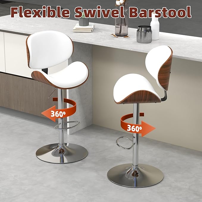 civama Bar Stools Set of 2 for Kitchen Counter, Adjustable Bar Height Chairs, Modern Swivel Barstools with Bentwood Seat and Back with Footrest, for Kitchen Island, Dining Room, White PU Leather