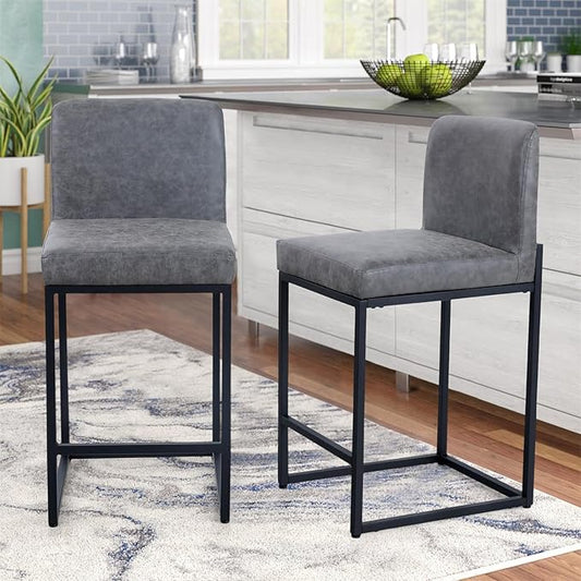Sophia & William Grey Leather Bar Stools Set of 2, Counter Height 24" Bar Stools with Backs for Kitchen Island