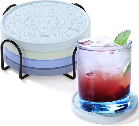 Photect Diatomaceous Earth Coasters Set with Holder Absorbent Stone Drink Coasters Instant Drying Tray for Tabletop Protection Home Decoration Housewarming Gift(Blue,4 Pcs)