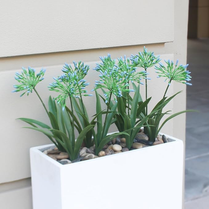 Artificial Agapanthus Africanus Fake African Lily Blue Flowers Fake Plants Outdoor Spring Summer Decoration Realistic Faux Greenery for Front Door Porch Planter Decor