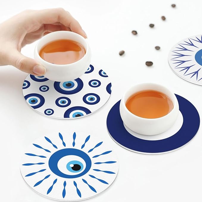 Greek Evil Eye Devil Eyes Coasters Set of 6 Coasters for Drinks Absorbent Double-Sided Leather PVC Coaster for Tabletop Protection Coffee Table Decor Ideal for Home Decor House Warming Gifts